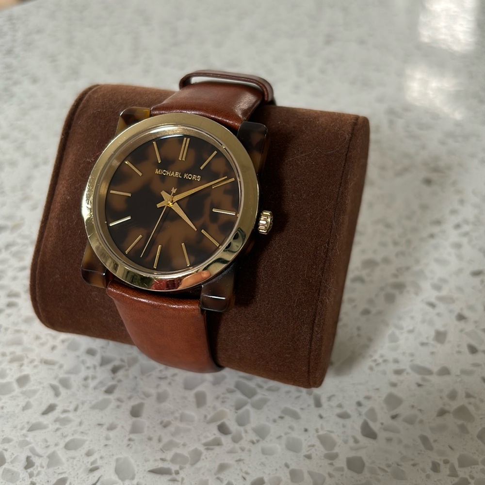 Michael Kors Tortoise Shell, Gold and Leather Watch